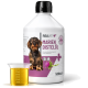 Flasche mit REAVET Marien Distelöl für den Stoffwechsel und die Leberfunktion, mit einem Hund auf dem Etikett und einem Messbecher mit Öl.