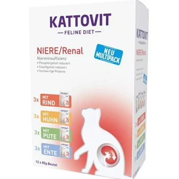 Kattovit Feline Diet Multipack zur Nierenunterstützung, bestehend aus 12 x 85g Beuteln mit Geschmacksrichtungen: Rind, Huhn, Truthahn und Ente.