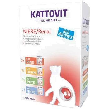 Kattovit Feline Diet multipack pour le soutien rénal, comprenant 12 sachets de 85 g avec des saveurs : bœuf, poulet, dinde et canard.