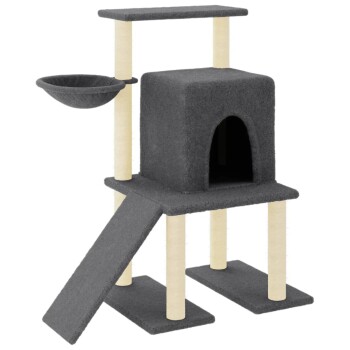 Grau Katzenbaum mit einem gemütlichen Versteck, zwei Plattformen, einer Hängematte und einer Rampe für einfachen Zugang. Ideal zum Klettern und Ausruhen.
