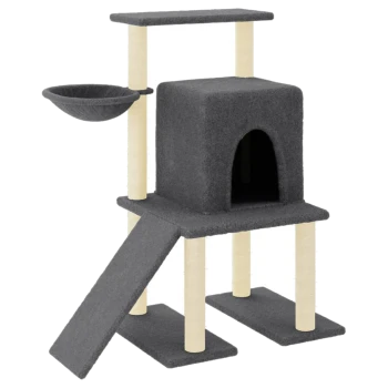 Grau Katzenbaum mit einem gemütlichen Versteck, zwei Plattformen, einer Hängematte und einer Rampe für einfachen Zugang. Ideal zum Klettern und Ausruhen.