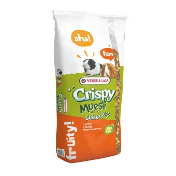 Crispy Muesli Cavia's 20 kg Knapperige Muesli voor Cavia's van Versele-Laga, met kleurrijke verpakking met afbeeldingen van cavia's en tekst die 'Extra Vitamine C' benadrukt.