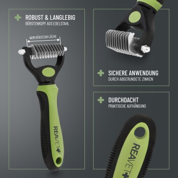Haustierpflegewerkzeug mit einem Bürstenkopf aus rostfreiem Stahl, ergonomischem Griff und Sicherheitsmerkmalen. Der Text hebt Haltbarkeit und Design hervor.