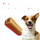 Ein glücklicher kleiner Hund neben einem Hundeleckerli, mit dem Text 'Perfekt für kleine Hunde' auf rotem Hintergrund, die Abmessungen des Leckerlis sind 2 cm x 9 cm.