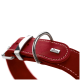Eine Nahaufnahme eines roten Lederhundehalsbands mit einer silbernen Schnalle und D-Ring, mit einem kleinen "HUNTER"-Logoschild.