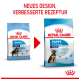 Vergleich der Verpackung von Royal Canin Welpenfutter, mit "MAXI" für Hunde von 26-44 kg, mit dem Text "NEUES DESIGN, VERBESSERTE REZEPTUR."