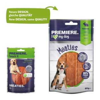 Two pet food packages: left, "Premiere Snack It" (3% meat, Rabbit); right, "Premiere I love my dog" (95% meat, Rabbit).
