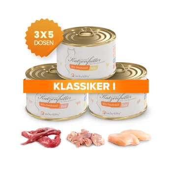 Drei Lucky-Kitty Katzenfutterdosen mit orangem '3X5 DOSEN'-Abzeichen und Banner 'KLASSIKER I', mit rohem Rind, Pute und Huhn.