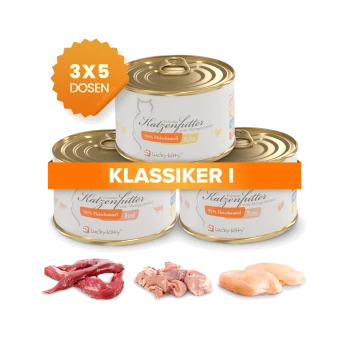 Drei Lucky-Kitty Katzenfutterdosen mit orangem '3X5 DOSEN'-Abzeichen und Banner 'KLASSIKER I', mit rohem Rind, Pute und Huhn.