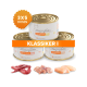 Drei Lucky-Kitty Katzenfutterdosen mit orangem '3X5 DOSEN'-Abzeichen und Banner 'KLASSIKER I', mit rohem Rind, Pute und Huhn.