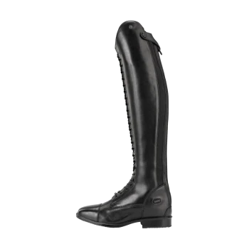 Schwarze Lederreitstiefel mit hohem Schaft, geschnürtem Vorderteil und seitlichem Reißverschluss, die ein schlankes und elegantes Design zeigen.