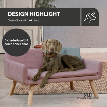 Weimaraner auf rosa Haustiersofa mit Überschrift 'DESIGN HIGHLIGHT' und deutscher Sprechblase 'Sicherheitsgefühl durch hohe Lehne'.