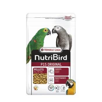 NutriBird P15 Original Vogelfutterverpackung mit einem grünen Papagei und einem grauen Papagei, gekennzeichnet für Papageien mit Pflegeanweisungen.