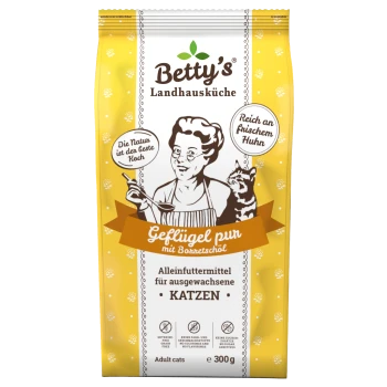 Gelber Betty's Landhausküche-Katzenfutterbeutel mit der Aufschrift "Geflügel pur", "Alleinfuttermittel für ausgewachsene KATZEN", 300 g.