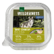 Wet pet food packaging with a wolf, labeled "Wilderness Adult True Country Chicken & Salmon," 95% chicken and salmon, 5% fruits and herbs.