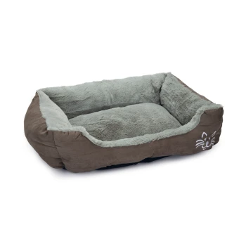 Braunes Haustierbett mit einem weichen grauen Innenraum und einem Katzenkopfdesign an der Seite, ideal für kleine Hunde oder Katzen.
