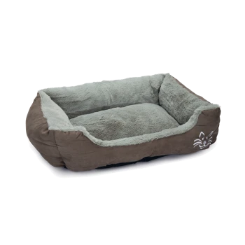 Braunes Haustierbett mit einem weichen grauen Innenraum und einem Katzenkopfdesign an der Seite, ideal für kleine Hunde oder Katzen.