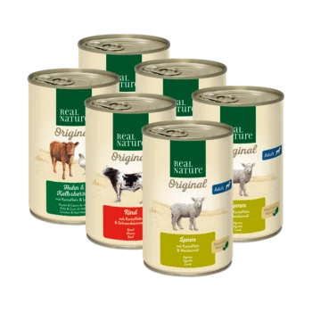 Sechs Dosen Real Nature Original Haustierfutter mit den Geschmacksrichtungen: Huhn & Katzenherz, Rind und Lamm, mit auf den Etiketten aufgeführten Zutaten.