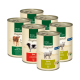 Sechs Dosen Real Nature Original Haustierfutter mit den Geschmacksrichtungen: Huhn & Katzenherz, Rind und Lamm, mit auf den Etiketten aufgeführten Zutaten.
