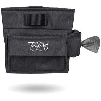 Eine schwarze Hundeleckerlitasche mit dem Logo "TrendPet TwinTreat," mit einer Vordertasche und einem Spender für Müllsäcke.
