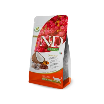Torebka karmy dla dorosłych kotów oznaczona "N&D Quinoa Skin & Coat", z składnikami takimi jak śledź, quinoa i kokos, na kolorowym kwiatowym tle.