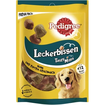 Pedigree Tasty Minis Hundeleckerlis in einer gelben Tüte, mit Geschmacksrichtungen von Huhn und Ente, mit weniger als 12 kcal pro Leckerli.