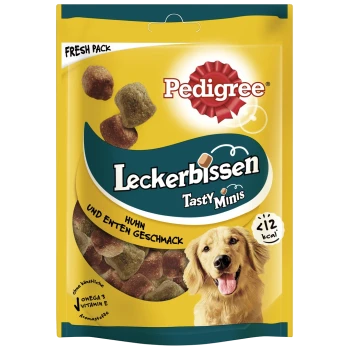 Friandises pour chiens Pedigree Tasty Minis dans un sac jaune, avec des saveurs de poulet et de canard, contenant moins de 12 kcal par friandise.