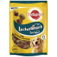 Pedigree Tasty Minis Hundeleckerlis in einer gelben Tüte, mit Geschmacksrichtungen von Huhn und Ente, mit weniger als 12 kcal pro Leckerli.