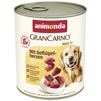 Dose Animonda GranCarno Adult 1+ Hundefutter mit Geflügelherzen, frischen Zutaten, hohem tierischem Eiweiß, ohne Getreide oder Zucker, mit Bild eines Golden Retrievers.