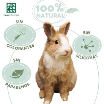 Ein flauschiger braun-weißer Kaninchen sitzt zwischen dem Text, der "100% NATÜRLICH" und frei von Farbstoffen, Parabenen und Silikonen behauptet.