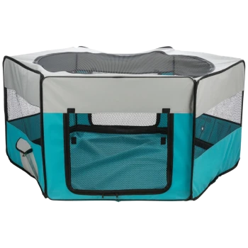 Ein zusammenklappbarer Spielbereich für Haustiere in Teal und Grau, mit Netzseiten für Belüftung und einem Reißverschluss-Eingang.