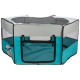 Ein zusammenklappbarer Spielbereich für Haustiere in Teal und Grau, mit Netzseiten für Belüftung und einem Reißverschluss-Eingang.
