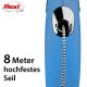 Blaues, ausziehbares Hundeleine mit einem schwarz-weißen Seil, mit dem Text "8 Meter hochfestes Seil" auf der linken Seite.