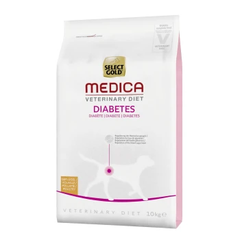 Sélection de régime vétérinaire Select Gold Medica pour diabète, sac de 10 kg, présentant un texte en plusieurs langues sur la régulation de la glycémie.