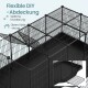 Schwarzer modularer Draht-Auslauf für Haustiere mit abnehmbarer Oberabdeckung und Einsatzwanne; sichtbarer Text: 'Flexible DIY -Abdeckung'
