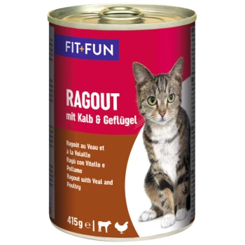 Dose mit Katzenfutter, die eine getigerte Katze auf dem Etikett zeigt, mit dem Text "RAGOUT mit Kalb & Geflügel" und "415g e".