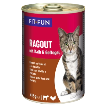 Nourriture pour chat avec un chat tigré sur l'étiquette, avec le texte indiquant "RAGOUT mit Kalb & Geflügel" et "415g e".