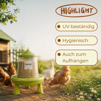Grüner GarPet-Hühnerfutterspender mit Pellets und Hennen; Overlay-Text: HIGHLIGHT; UV-beständig, Hygienisch, Auch zum Aufhängen