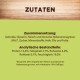 Zutaten und Nährwertinformationen für Haustierfutter, einschließlich Protein-, Fett- und Ballaststoffgehalt auf Deutsch.