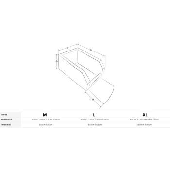 Illustration eines Haustierbettes mit Abmessungen, die für die Größen M, L und XL gekennzeichnet sind, einschließlich externer und interner Maße.