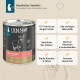 Dose LIEBESGUT Nassfutter Sensitiv (Hirsch) mit Text ‚75% Hirsch als Single‑Protein‘ und Vorteilsfeldern.