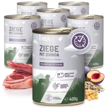 Dosen von REAVET+ Haustierfutter, beschriftet mit 'Ziege mit Hirse', das Ziegenfleisch mit Hirse, Kichererbsen und Pflaumen enthält, jeweils 400 g.