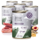 Dosen von REAVET+ Haustierfutter, beschriftet mit 'Ziege mit Hirse', das Ziegenfleisch mit Hirse, Kichererbsen und Pflaumen enthält, jeweils 400 g.