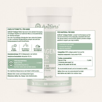AniForte Kollagenpulver für Hunde, mit Nährwertangaben und Fütterungsempfehlungen, hergestellt aus 100 % norwegischem Meeresfischkollagen.