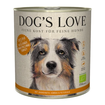 Eine Dose "DOG'S LOVE" Hundefutter mit einer Hundegesicht-Illustration und Text: "100% BIO," "Pute/Inde/Turkey," "Mit Amaranth, Kürbis & Petersilie."