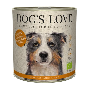 Eine Dose "DOG'S LOVE" Hundefutter mit einer Hundegesicht-Illustration und Text: "100% BIO," "Pute/Inde/Turkey," "Mit Amaranth, Kürbis & Petersilie."