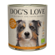 Puszka karmy dla psów "DOG'S LOVE" z ilustracją psa i tekstem: "100% BIO," "Pute/Inde/Turkey," "Mit Amaranth, Kürbis & Petersilie."