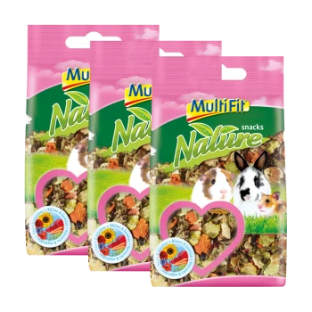 Drei Tüten MultiFit Nature Snacks für kleine Haustiere, mit Bildern eines Meerschweinchens, eines Kaninchens und eines Hamsters auf der Vorderseite.