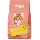 Sac de nourriture pour chatons Multifit montrant un chat roux tigré, texte « KITTEN <1 », « AVEC POULET », image de croquettes et 4 kg