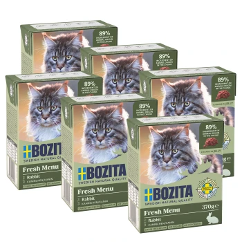 Sechs Boxen Bozita Fresh Menu Katzenfutter, mit einer Maine Coon Katze auf der Vorderseite, beschriftet mit "Kaninchen" und 89% Zutaten tierischen Ursprungs.